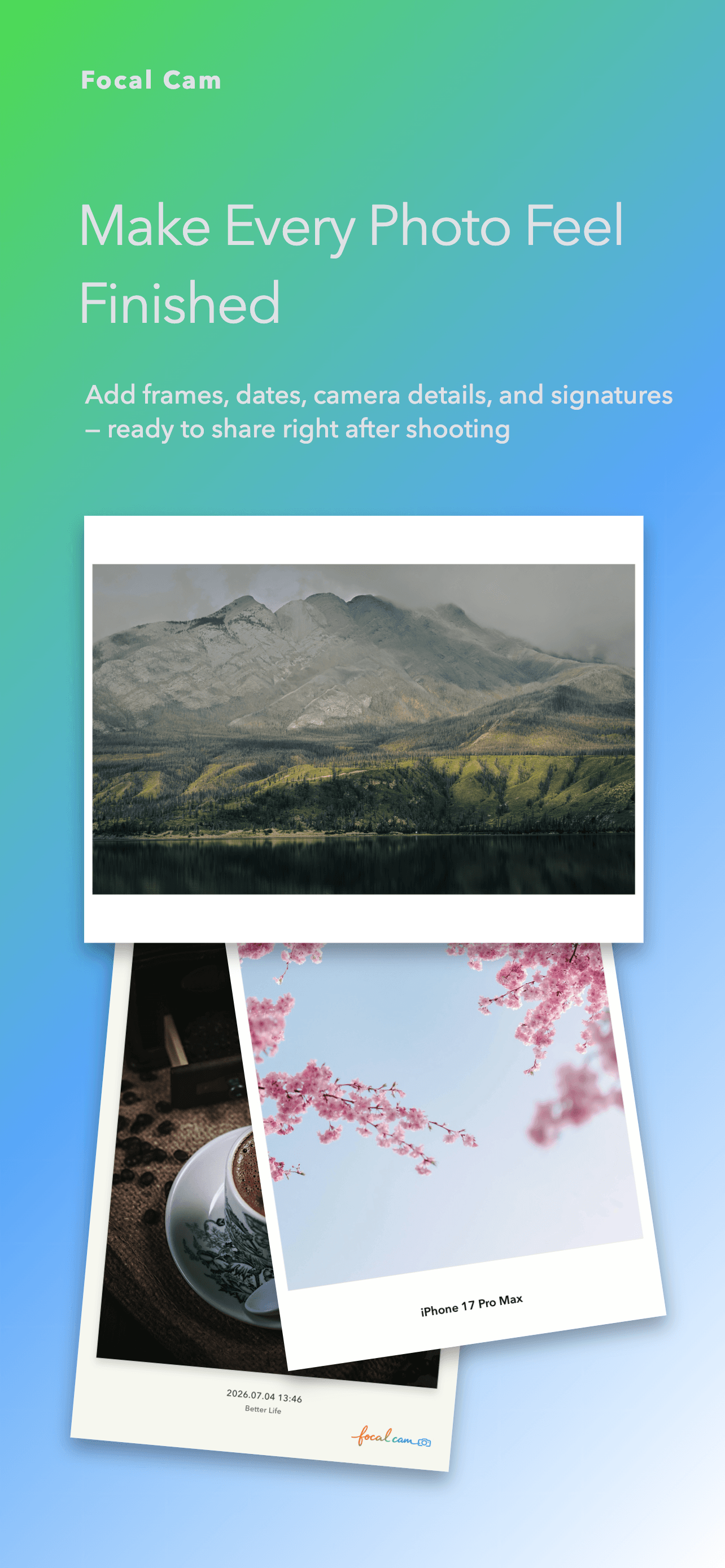 Focal Cam englische Werbegrafik für Rahmen und Signatur